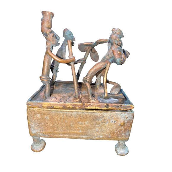 Handmade Bronze African Box-Style Statue With Musicians Cameroonian Art 4" X 2" - Picture 4 of 15